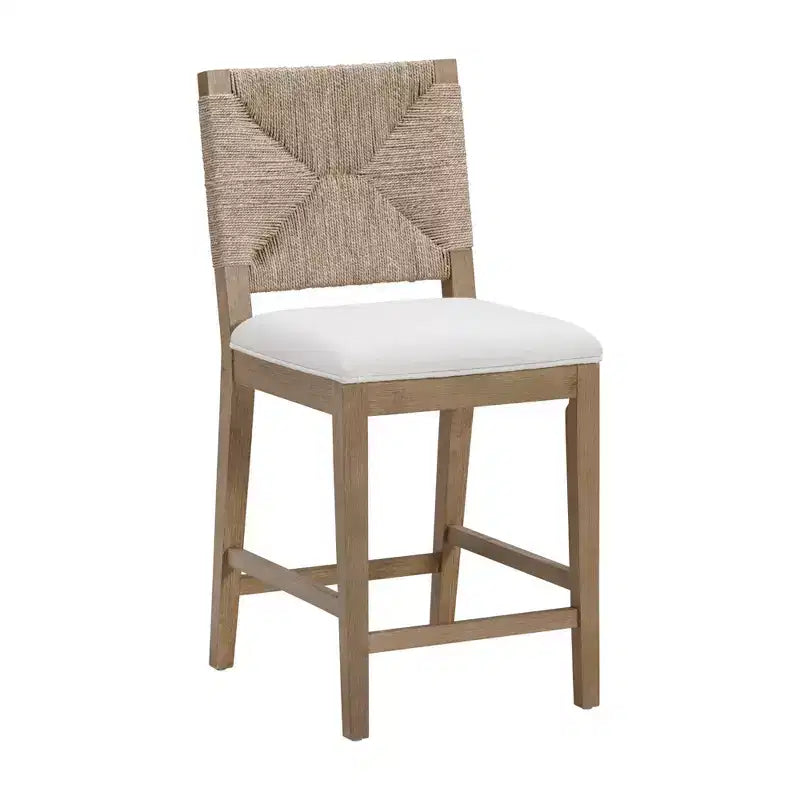 Nathan James Beacon Counter Height Barstool Seagrass Cream Boucle: Woven Backrest Rubberwood Frame