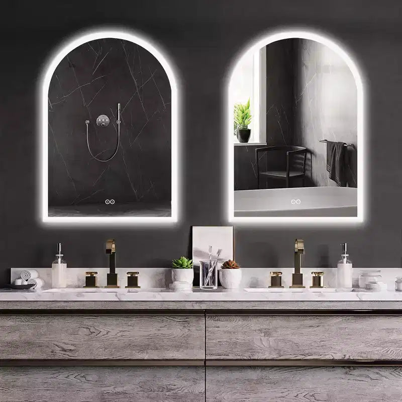 Miroir de salle de bain arqué avec éclairage LED et fonction anti-buée
