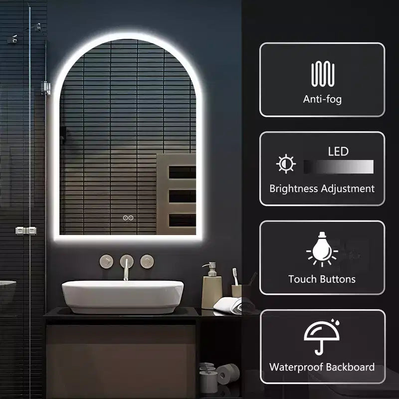 Miroir de salle de bain arqué avec éclairage LED et fonction anti-buée