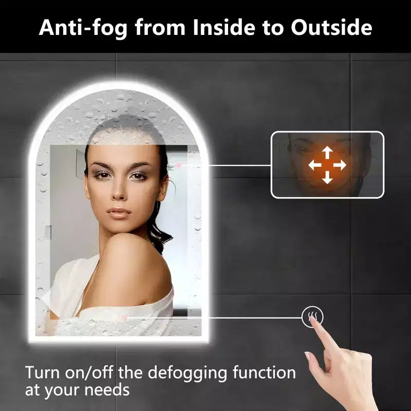 Miroir de salle de bain arqué avec éclairage LED et fonction anti-buée