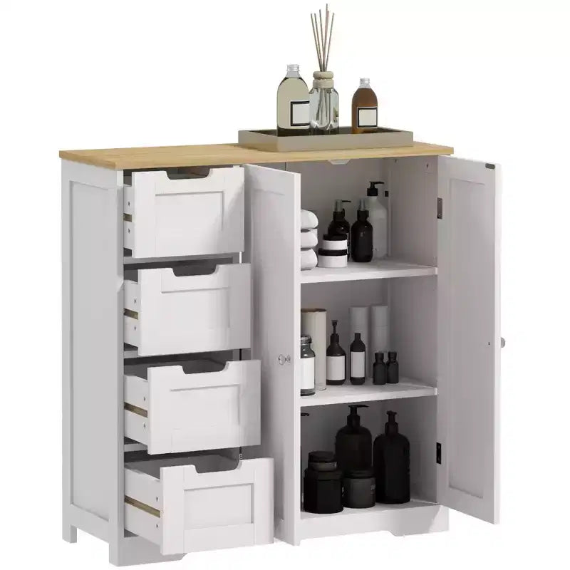 HOMCOM Bathroom Floor Cabinet with Adjustable Shelf Freestanding Bathroom Storage Cabinet with 4 Drawers and 2 Doors White